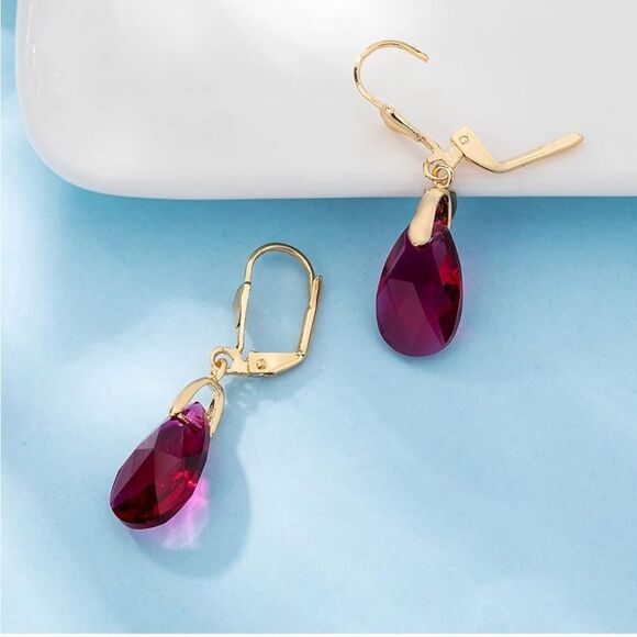 14K Yellow Gold with Fuchsia Pink Austrian Crystal Teardrop Leverback Earrings - Picture 3 of 7